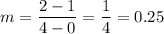 m=\dfrac{2-1}{4-0}=\dfrac{1}{4}=0.25
