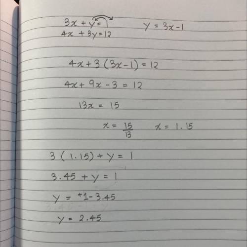 3x+y=-14x+3y=12use substitution to solve