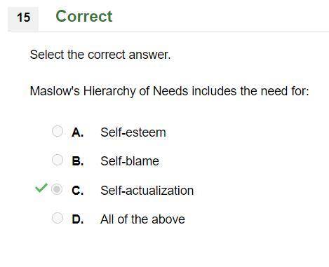 Select the correct answer.

Maslow's Hierarchy of Needs includes the need for:
A. 
Self-esteem
B. 
S