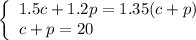 \left\{ \begin{array}{ll} 1.5c+1.2p=1.35(c+p) \\ c+p=20\end{array}
