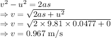v^2-u^2=2as\\\Rightarrow v=\sqrt{2as+u^2}\\\Rightarrow v=\sqrt{2\times 9.81\times 0.0477+0}\\\Rightarrow v=0.967\ \text{m/s}
