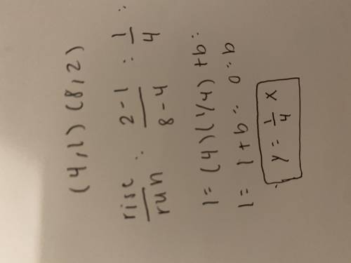 Write an equation in slope-intercept form of the line that passes through the points (4,1) and (8,2)