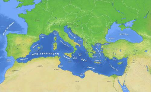 . Which number represents the Mediterranean Sea? 
1 
2 
3 
4