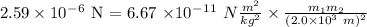 2.59 \times 10^-^6 $\ N = 6.67 \times 10^-^1^1 \ N \frac{m^2}{kg^2}  \times \frac{m_1 m_2}{(2.0 \times 10^3 \ m)^2}