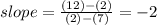 slope=\frac{(12)-(2)}{(2)-(7)}=-2