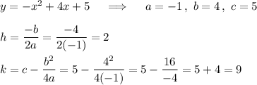 y=-x^2+4x+5\quad \implies\quad a=-1\,,\ b=4\,,\ c=5\\\\h=\dfrac{-b}{2a}=\dfrac{-4}{2(-1)}=2\\\\k=c-\dfrac{b^2}{4a}=5-\dfrac{4^2}{4(-1)}=5-\dfrac{16}{-4}=5+4=9