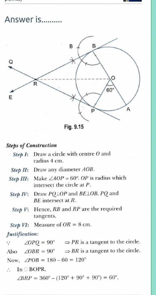 Draw a circle of radius 4cm construct a pair of tangents to it the angle between which is 60°