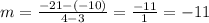 m=\frac{-21-(-10)}{4-3} =\frac{-11}{1} =-11