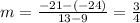 m=\frac{-21-(-24)}{13-9} =\frac{3}{4}