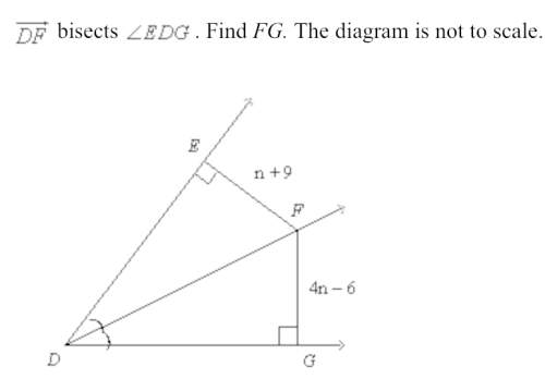 Line df bisects angle edg. find fg. the diagram is not to scale. for this problem i did