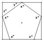 7. the diagram shows a regular pentagon inscribed inside the rectangle. find the values of x, y, and