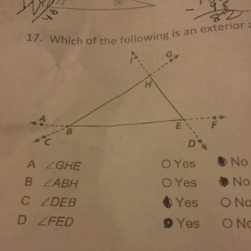 Which of the following is an exterior angle of triangle bhe? select yes or no for the following.