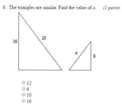 The triangles are similar. find the value of a. picture shown below.
