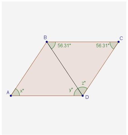 What are the respective values of x, y, and z for parallelogram abcd?  a . 56.31°, 67.38