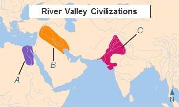 Letter a shows the location of which ancient river valley?  tigris indus nil
