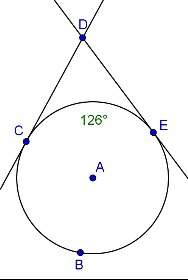 Lines cd and de are tangent to circle a shown below if arc ce is 126°, what is the measu