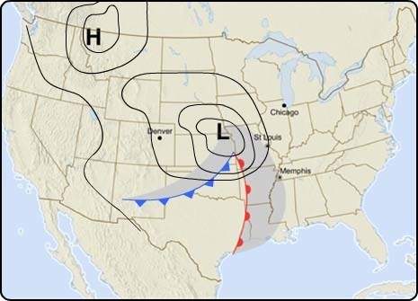 What dos the line of red semicircles maen on the weather map