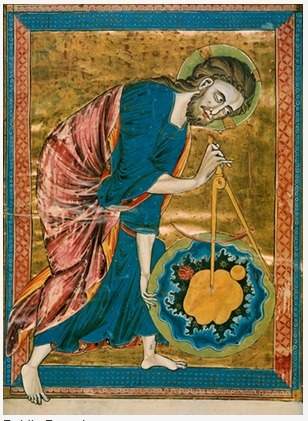 Use this 13th century illustration showing god measuring the universe, entitled god as architect, to