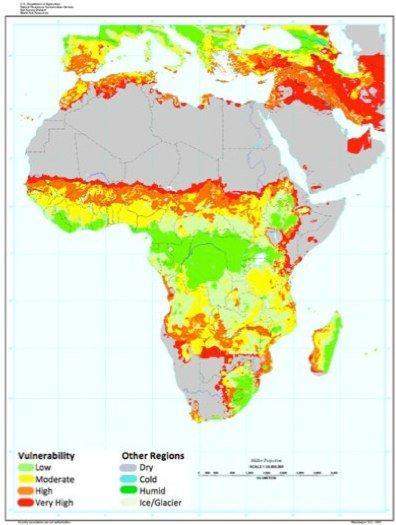 Based on the map, the areas of sub-saharan africa that are most vulnerable to desertification are
