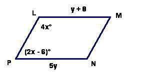 "find the value of x and y in the parallelogram lmnp.  a. x = 31, y = 2 b. x = -3,