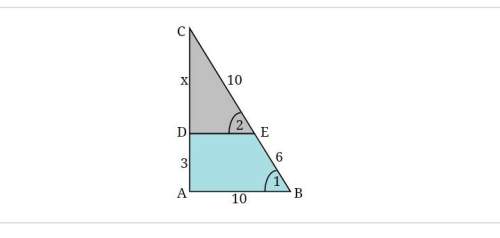 Δabc ~ δdec. ∠1 and ∠2 have the same measure. find dc and de. (hint: let dc=x and ac=x+3. use the