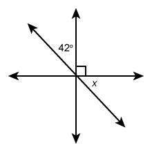 What is the measure of angle x? enter your answer in the box. x = ° two perpendicular lines interse
