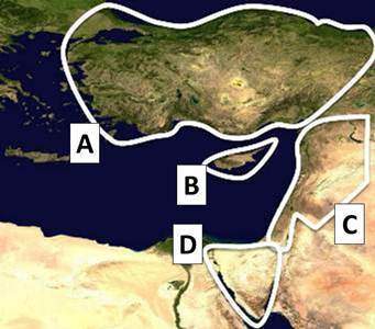 Where is asia minor located on the map above?  a. letter a b. letter b