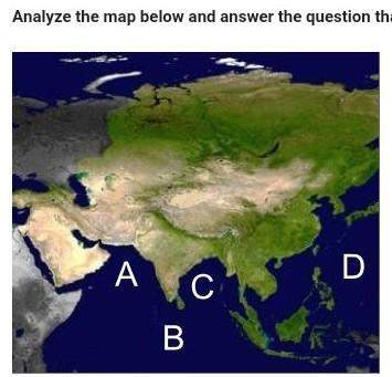 Where is the indian ocean located on the map above? a.letter ab.