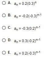 Which choice is the explicit formula for the following geometric sequence? 0.2, -0.06, 0.018, -0.00