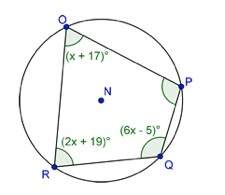 Quadrilateral opqr is inscribed in circle n, as shown below. what is the measure of ∠ rop?  4