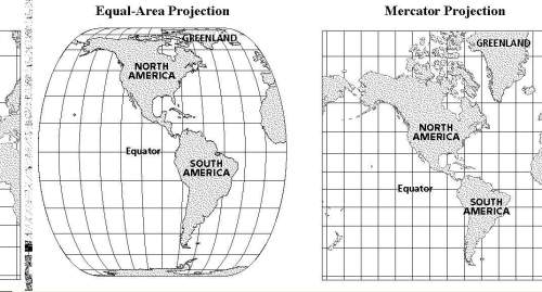Study the maps below. which map would you use to compare the actual sizes of greenland and south ame