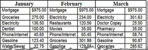 The table shows the webster family’s monthly expenses for the first three months of the year. what i
