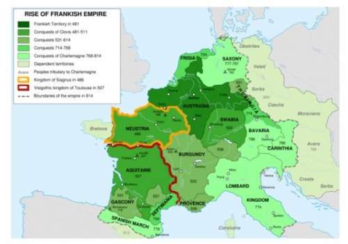 Based on the map, what can you conclude about charlemagne’s conquests?  a) they were mai