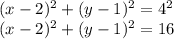 (x-2)^2+(y-1)^2 = 4^2\\(x-2)^2+(y-1)^2 = 16