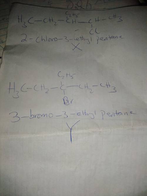 Compounds X has the formula C7H15Cl; Y is C7H15Br. X undergoes base-promoted E2 elimination to give