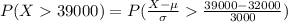 P( X   39000) = P( \frac{X - \mu }{\sigma }   \frac{39000 - 32000}{3000} )
