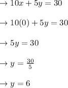 \to 10x+5y=30\\\\\to 10(0)+5y=30\\\\\to 5y=30\\\\\to y=\frac{30}{5}\\\\\to y=6