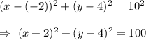 (x-(-2))^2+(y-4)^2=10^2\\\\\Rightarrow\ (x+2)^2+(y-4)^2=100