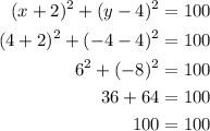 \begin{aligned}&#10;(x+2)^2+(y-4)^2&=100\\&#10;(4+2)^2+(-4-4)^2&=100\\&#10;6^2+(-8)^2&=100\\&#10;36+64&=100\\&#10;100&=100\\&#10;\end