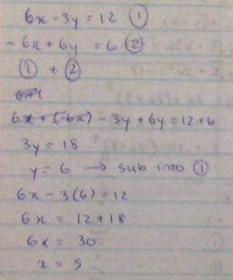 Solve for the system below 6x-3y=12 and -6x+6y=6