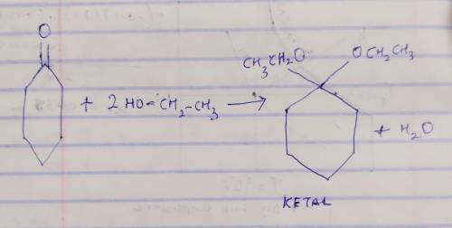 Draw a structural formula for the ketal formed when two molecules of ethanol combine with one cycloh