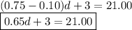 (0.75-0.10)d+3 = 21.00\\\boxed{0.65d+3 = 21.00}