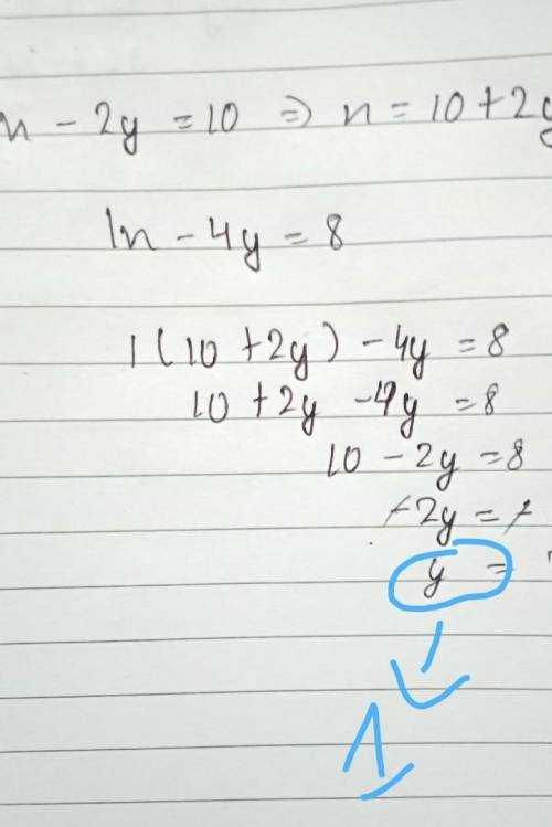 Solve by substitution 
x - 2y = 10
1/2x - 2y = 4