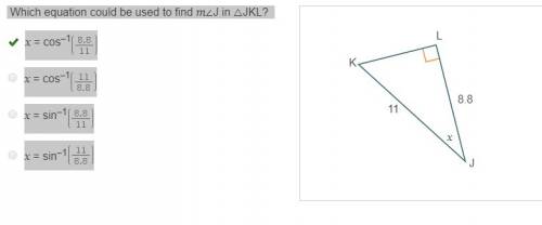 Which equation could be used to find m∠j in △jkl?  x = cos–1 x = cos–1 x = sin–1 x = sin–1