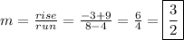 m=\frac{rise}{run}=\frac{-3+9}{8-4}=\frac{6}{4}=\boxed{\frac{3}{2}}