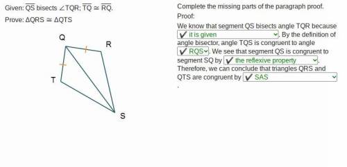 Given: QS bisects ∠TQR; TQ ≅ RQ. Prove: ΔQRS ≅ ΔQTS Triangles Q T S and Q R S are connected at side