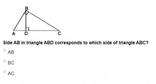 Side ab in triangle abd corresponds to which side of triangle abc?  ab bc ac