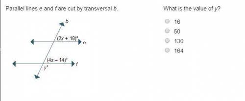 Horizontal and parallel lines e and f are cut by transversal b. At the intersection of lines b and e