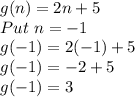g(n)=2n+5\\Put \ n=-1\\g(-1)= 2(-1)+5\\g(-1)=-2+5\\g(-1)=3
