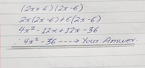 Factor completely. 4x^2 - 36 ( 2x + 6 ) ( 2x - 6) (2x + 18) ( 2x - 18) ( 4x + 4) (x - 9) ( 4x + 16) 